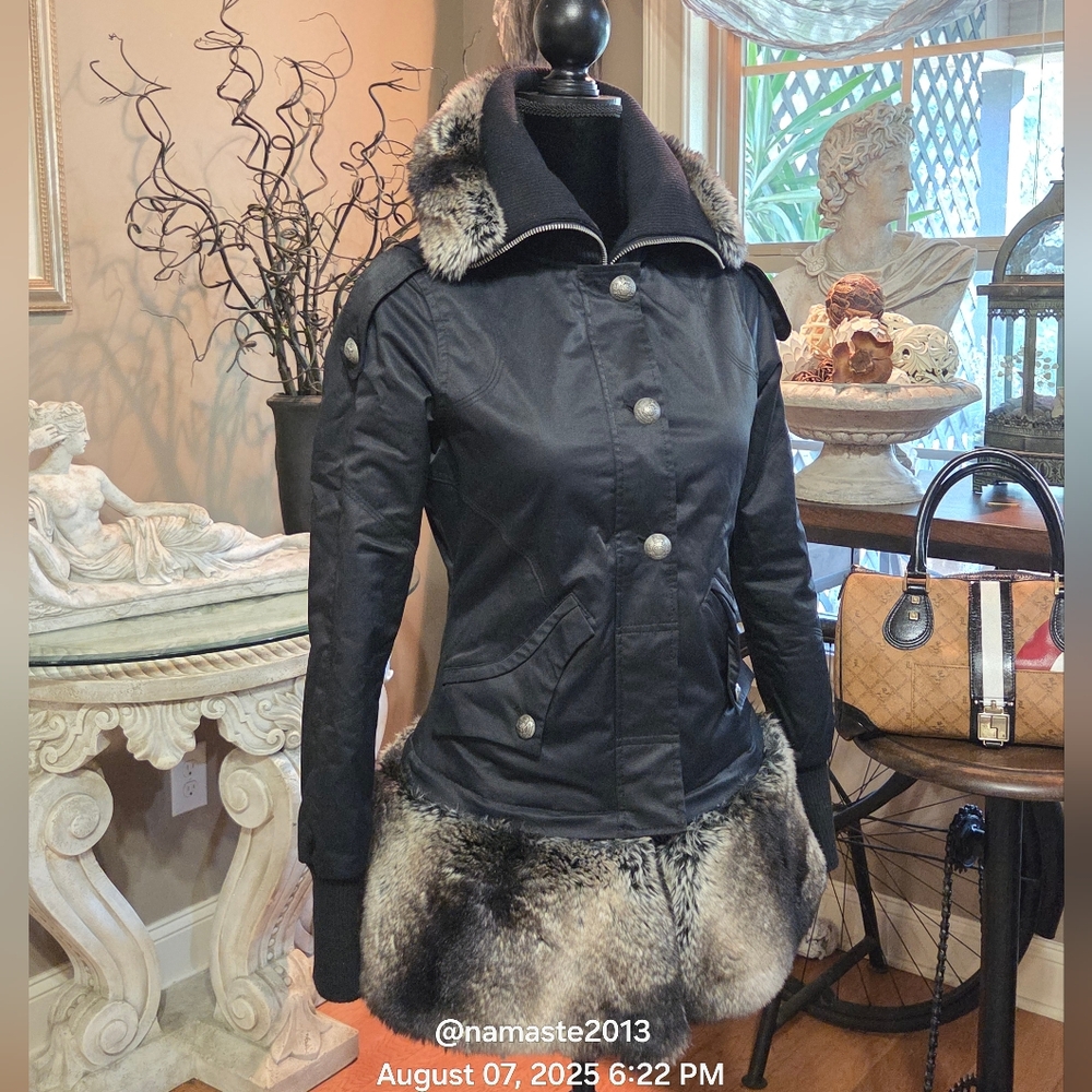 Bebe Military Style Faux Fur Jacket Removable Fur On Bottom Designer #88